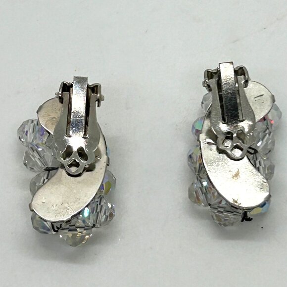 Vintage Aurora Borealis Beaded Clip-On Ear Climbers Elegant Bridal Prom Retro - Picture 4 of 9